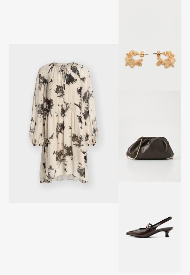 Robe crème à manches longues avec imprimé floral et oiseaux noirs, taille froncée, poignets élastiques et détail noué au col.; Marco Tozzi Escarpins - cinnamon; Sac à main en cuir marron avec un design froncé, une bandoulière en chaîne dorée et une finition douce et texturée. Sa forme compacte est idéale pour une utilisation en soirée.; Boucles d'oreilles dorées avec une forme abstraite et organique, présentant une surface texturée et une fermeture à poussette.