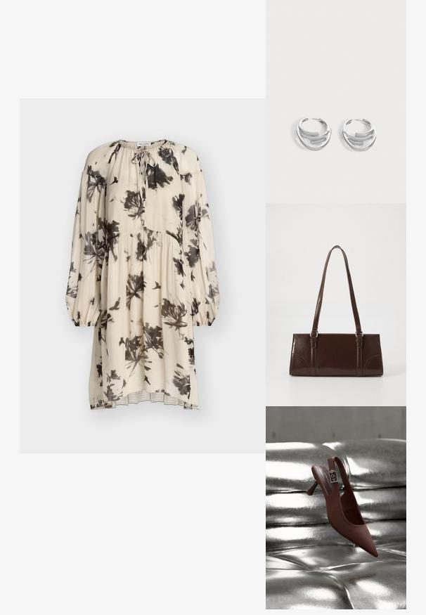 Robe crème à manches longues avec imprimé floral et oiseaux noirs, taille froncée, poignets élastiques et détail noué au col.; Chaussure slingback pointue marron avec talon bas et bride à boucle reposant sur une surface capitonnée argentée métallique brillante.; Sac à main en cuir verni marron de forme rectangulaire, avec deux longues poignées et des accents courbés subtils à l'avant.; Paire de boucles d'oreilles anneaux en argent poli avec un design de barre incurvée superposée sur un fond clair uni.
