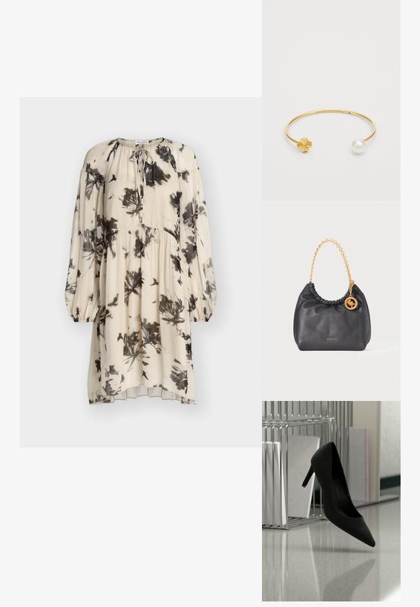 Robe crème à manches longues avec imprimé floral et oiseaux noirs, taille froncée, poignets élastiques et détail noué au col.; Chaussure noire à talons hauts équilibrée sur son talon sur un comptoir réfléchissant près de porte-dossiers métalliques avec des dossiers blancs.; Sac à main en cuir noir avec poignée chaîne dorée et pendentif circulaire avec logo MK, petit texte "Michael Kors" centré près du bas.; Bracelet en métal doré en forme de manchette avec un détail floral à une extrémité et une perle blanche ronde à l'autre. Le design est épuré et minimaliste.