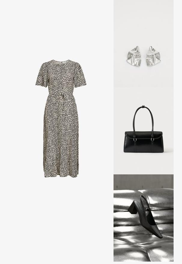 Robe midi beige avec des pois noirs irréguliers, manches courtes, encolure ronde et ceinture à nouer à la taille.; Escarpin noir à bride arrière avec bout pointu, présentant une surface texturée et un talon bloc épais. Posé sur un fond métallique brillant.; Sac à main rectangulaire en cuir noir avec fermeture à rabat et deux longues anses sur fond blanc uni.; Boucles d'oreilles en métal argenté avec un design ondulé et sculptural, présentant une finition polie et des formes irrégulières, mettant en valeur une esthétique contemporaine.