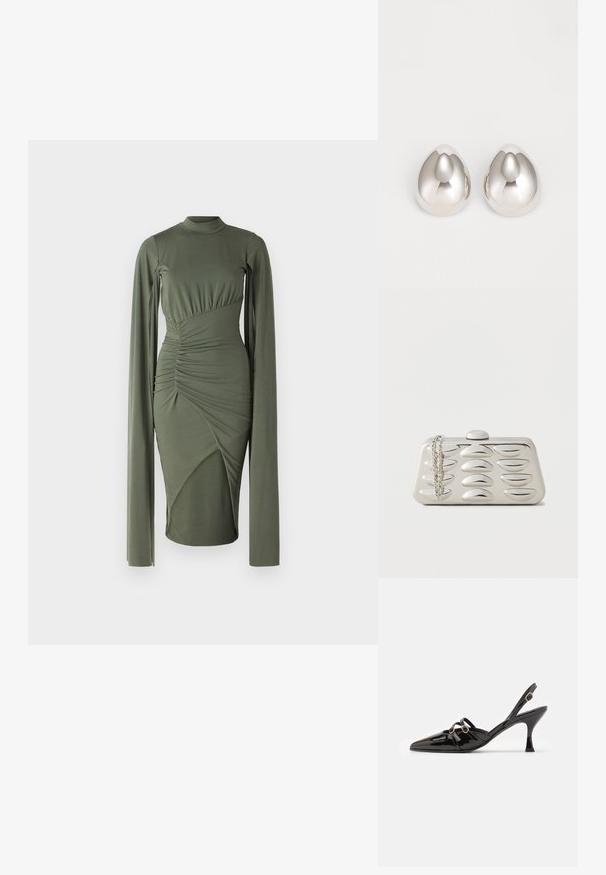 Pitkähihainen oliivinvihreä mekko, jossa on korkea kaula-aukko, ribattuja sivusaumoja ja epäsymmetrisiä paneeleja, jotka luovat vartalonmyötäisen siluetin. Sleek kangas.; ALOHAS JOELLE ONIX - Avokkaat - black; Suorakulmainen hopeainen iltalaukku, jossa on kohotetut ovaalit kuvioinnit edessä ja hopeaketju roikkumassa yhdestä kulmasta, yksivärisellä taustalla.; Hopeiset metalliset korvaketjut, joissa on sileä, pyöristetty muoto, joka muistuttaa pisaran muotoa, ja joissa on kiiltävä pinta ja saumaton viimeistely.