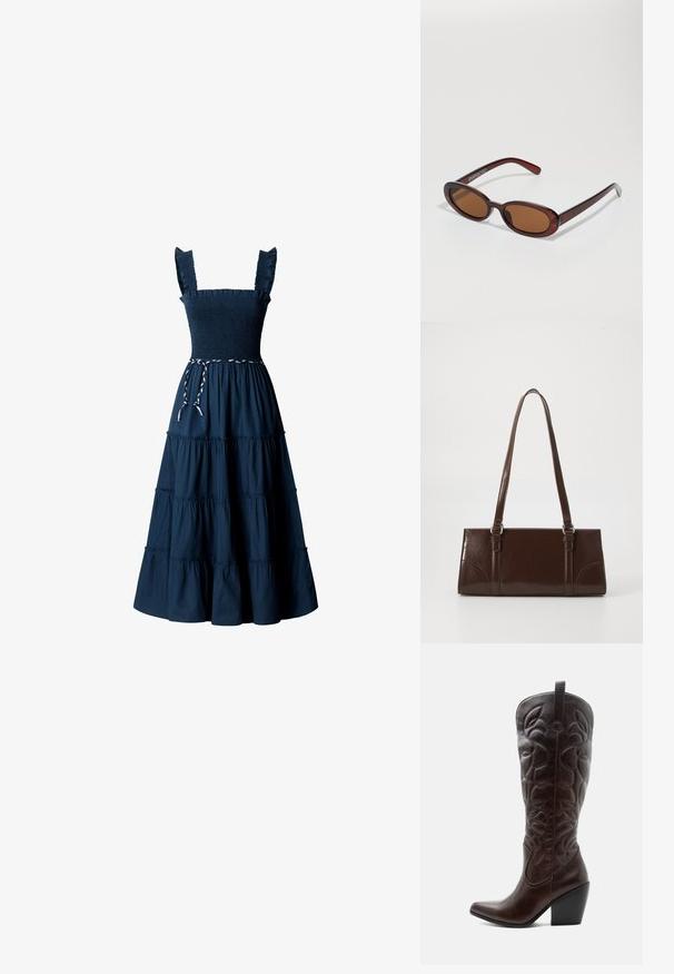 Robe bleu marine sans manches avec bretelles à volants, corsage smocké, jupe à étages et ceinture tressée blanche et bleu marine à la taille.; Botte de cowboy haute en cuir marron foncé avec motifs décoratifs cousus, bout pointu et talon bloc empilé.; Lunettes de soleil rondes teinte brun avec une monture bordeaux brillante. Branches fines avec un détail de marque subtil. Design de verres plats.; Sac à main en cuir verni marron de forme rectangulaire, avec deux longues poignées et des accents courbés subtils à l'avant.