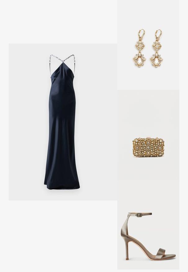 Lang, tætsiddende navy satin kjole med spaghetti-stropper. Har en crisscross rygdesign med sølvkæde accent. Glat, elegant tekstur.; Satin højhælede sandal i sølv med en ankelrem, der har en dekorativ spænde. Åben tå og slank, strømlinet design.; Guldsynk med intrikate perle- og rhinestenforgyldelser. Firkantet form, lås med lukning og en aftagelig kædetræk.; Guldtonede chandelierøreringe med en klynge-design, der har runde og tårnformede klare krystaller, der fremhæver detaljerne.
