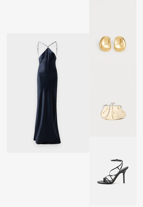Lang, aansluitend, marineblauw satijnen jurk met spaghettibandjes. Heeft een gekruist rugontwerp met een zilveren kettingaccent. Soepele, glanzende textuur.; Zwarte hoge hakken sandaal met dunne banden, een enkelgesp, een gladleren oppervlak en een slanke stilettohak.; Geplooide beige leren clutch met een zilveren metalen frame, voorzien van twee ronde decoratieve sluitingen en een zilveren kettingriem.; Gouden studs met een gladde, ronde vorm en een reflecterend oppervlak, met een minimalistisch ontwerp en zonder zichtbare patronen.