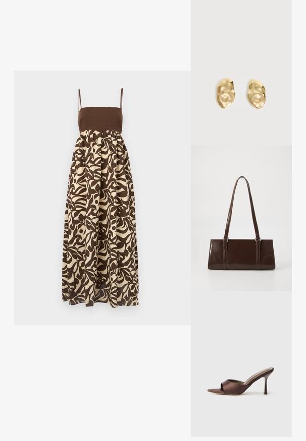 Brun og off-white trykt maxi-kjole med tætsiddende top, tynde stropper og udsvungne skirt, der har organisk bladmønster.; Brune satin åben tå mule med en mellemhøj slank hæl og slip-on design på en ensfarvet hvid baggrund.; Brun lakeret håndtaske med rektangulær form, to lange håndtag og subtile buede detaljer på fronten.; Par skinnende, ujævnt formede øreringe af guldmetal med en krøllet, glat overflade på en ensartet lys baggrund.
