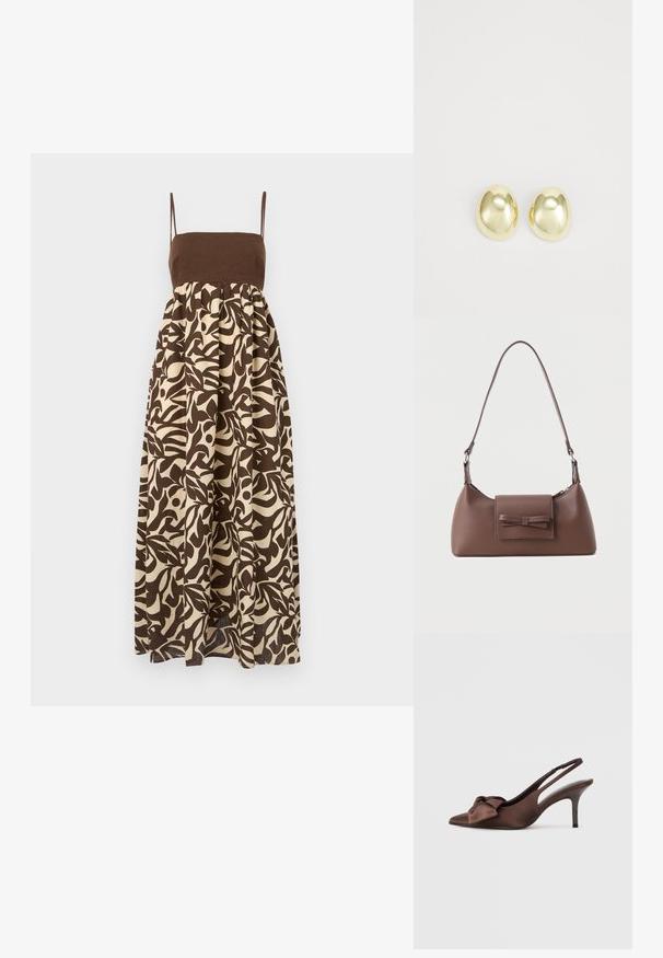 Brun og off-white trykt maxi-kjole med tætsiddende top, tynde stropper og udsvungne skirt, der har organisk bladmønster.; Brun satin slingback højhælet sko med spids tå og sløjfedetalje foran. Har en elegant silhuet og tynd hæl.; Brun skuldertaske i læder med en frontlomme med klap, der har en sydd sløjfedetalje, og en justerbar rem.; Guldtonede metalstudøreringe med en glat, rund form og poleret overflade. Simpelt design uden yderligere dekorationer.