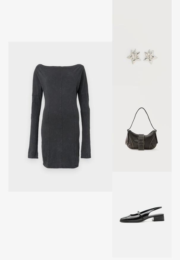 Sort, tætsiddende off-the-shoulder kjole med lange ærmer, har en glat tekstur og en subtil glans, med skræddersyede sømdetaljer gennem hele kjolen.; Sort laklæderslingback-sko med lav blokhæl og tynd rem med sølvspænde over toppen.; Sort læder skuldertaske med spænde på remmen, afrundede kanter og kontrasterende hvide syninger på en ensfarvet baggrund.; Sølv stjerneformede øreringe med en glat, poleret finish på en ensfarvet hvid baggrund.