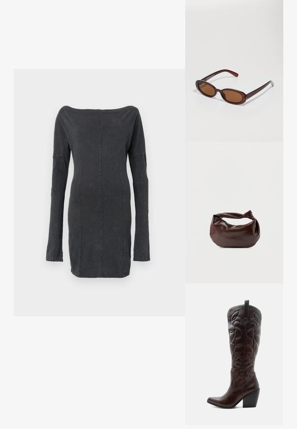 Robe noire ajustée, décolletée sur les épaules avec des manches longues, offrant une texture lisse et un léger éclat, avec des coutures sur mesure tout au long.; Botte de cowboy haute en cuir marron foncé avec motifs décoratifs cousus, bout pointu et talon bloc empilé.; Lunettes de soleil rondes teinte brun avec une monture bordeaux brillante. Branches fines avec un détail de marque subtil. Design de verres plats.; Sac bandoulière en cuir marron foncé avec une forme souple et décontractée et une anse nouée torsadée sur un fond blanc uni.