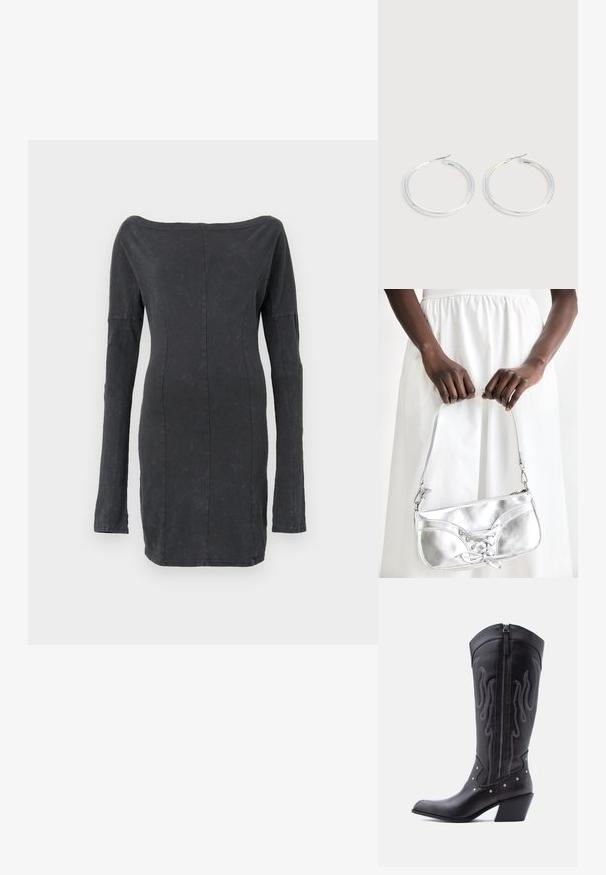 Zwarte, aansluitende off-the-shoulder jurk met lange mouwen, heeft een zachte textuur en subtiele glans, met op maat gemaakte naaddetails overal.; Zwarte leren cowboylaarzen met een puntige neus, zichtbare stiksels, zilveren studaccenten en een ritssluiting aan de binnenkant.; Zilveren metalen handtas met vetersluiting, met een strak ontwerp en een korte schouderriem. De tas wordt vastgehouden in de handen, waardoor de textuur goed tot zijn recht komt.; Een paar glanzende zilveren oorringen met dunne draadafsluitingen, getoond op een lichtgrijze achtergrond.