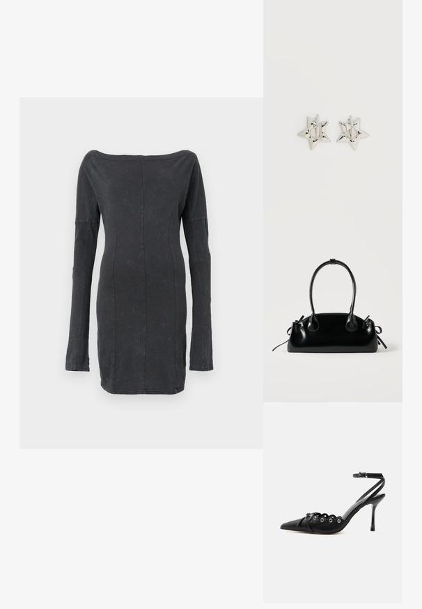 Robe noire ajustée, décolletée sur les épaules avec des manches longues, offrant une texture lisse et un léger éclat, avec des coutures sur mesure tout au long.; Chaussure à talon haut noire à bout pointu, bords festonnés, œillets métalliques, lacets à l'avant et bride de cheville avec fermeture à boucle.; Petit sac à main noir brillant avec deux longues anses et des détails à cordon sur les côtés sur un fond clair uni.; Boucles d’oreilles créoles en forme d’étoile argentée avec une finition lisse et polie sur un fond blanc uni.
