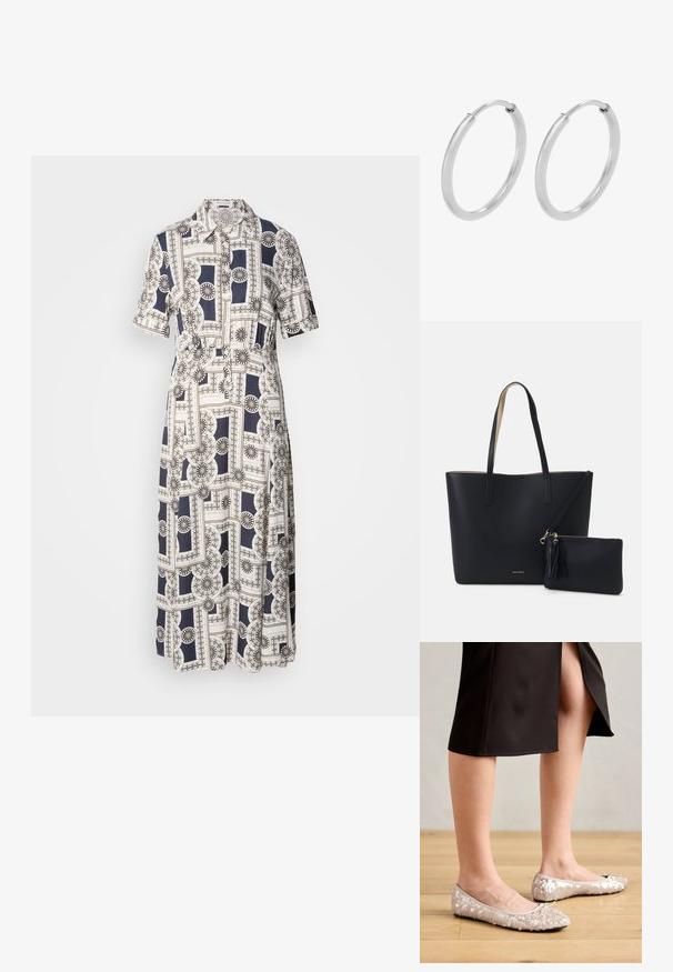 En kortærmet, knælang kjole med et geometrisk mønster i marineblå og cremefarvet, med knapper og krave. Letvægtsstof.; Beige stæl ballet flats med en rund tå, der har en bueaccent, parret med en sort nederdel, vist på et trægulv.; Sort tote taske med struktureret materiale, to lange håndtag og en aftagelig lynlåspose med en frynse-detalje. Guld mærkelogo synligt.; Sølv hoops øreringe, cirkulær form, glat skinnende tekstur og ensartet bredde hele vejen igennem. Minimalistisk design uden yderligere accenter.