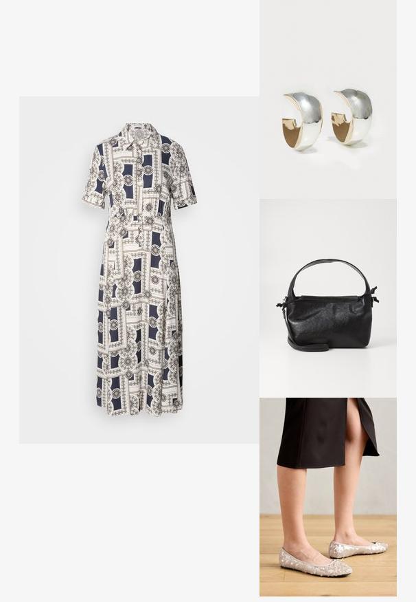 En kortærmet, knælang kjole med et geometrisk mønster i marineblå og cremefarvet, med knapper og krave. Letvægtsstof.; Beige stæl ballet flats med en rund tå, der har en bueaccent, parret med en sort nederdel, vist på et trægulv.; Sort læderhåndtaske med et struktureret design, rund tophåndtag og aftagelig skulderrem. Den har en glat tekstur og en subtil glans.; Uncommon Matters SCULPTED CREOLE - Øreringe - silver-coloured/gold-coloured