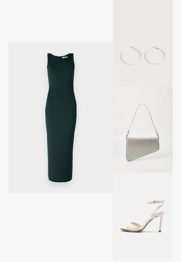 Tætsiddende, ærmeløs kjole i dyb grøn stof. Fyrkantet halsudskæring, glat tekstur og ankellængde design.; Beige højhælede sandal med tynd ankelrem og guldlås, åben tå og tynd stiletthæl på hvid baggrund.; Clutch taske med en trekantet form, dækket af sølvfarvet mesh-stof. Har en tynd, justerbar rem og metalhardware detaljer.; Par skinnende sølvøreringe med tynde trådlåse, vist på en lys grå baggrund.