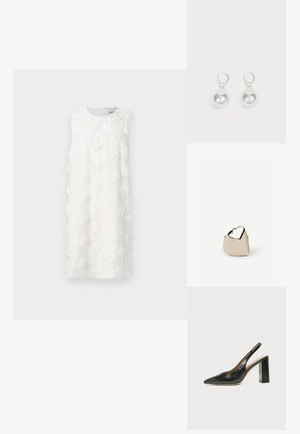 Weißes ärmelloses Kleid aus strukturiertem Stoff mit 3D-Blumenapplikationen. Runder Ausschnitt und gerade Silhouette, knielanges Design.; Schwarzer Leder-Slingback-Schuh mit spitzer Kappe, hohem Blockabsatz und beigegefüttertem Innenraum vor hellem, einfarbigem Hintergrund.; Beige Ledertasche in Halbmondform mit einem einzelnen Schulterriemen und minimaler Nahtgestaltung, vor einem schlichten weißen Hintergrund.; Silberne Tropfenohrringe mit glatten, runden, reflektierenden Oberflächen, die an Hakenverschlüssen hängen. Der Hintergrund ist reinweiß.