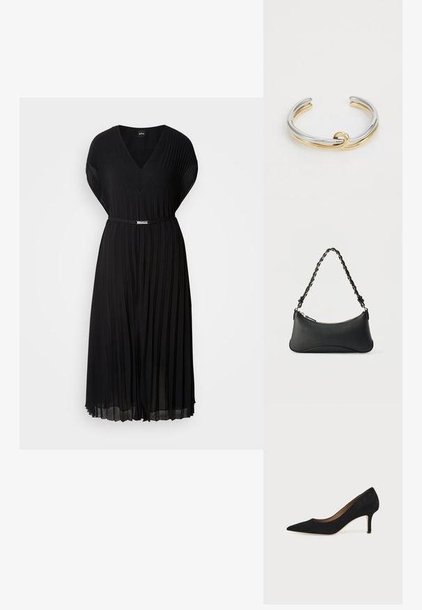 Vestido negro con pliegues, escote en V y mangas cortas, que cuenta con un cinturón delgado con hebilla metálica en la cintura. Textura de tela suave.; Salón de ante negro con punta puntiaguda, tacón de aguja delgado de altura media y diseño de corte bajo sobre un fondo liso.; Bolso de hombro de cuero negro con forma rectangular curvada, cadena dorada entrelazada en una correa negra trenzada y cierre superior con cremallera.; Pulsera de pulsera de metal que presenta bandas entrelazadas de plata y oro con un acabado suave y pulido. Detalle de nudo notable en el centro.