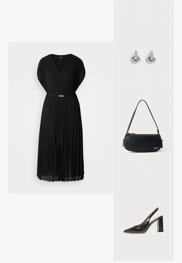 Robe noire plissée avec décolleté en V et manches courtes, dotée d'une fine ceinture avec une boucle métallique à la taille. Texture de tissu douce.; Chaussure slingback en cuir noir à bout pointu avec un talon bloc haut et une doublure intérieure beige sur un fond clair uni.; Sac à épaule en cuir noir avec rabat incurvé, logo doré "HUGO" sur le devant, et une bandoulière réglable.; Paire de petites boucles d'oreilles créoles argentées brillantes avec une base ronde, présentées sur un fond clair uni.