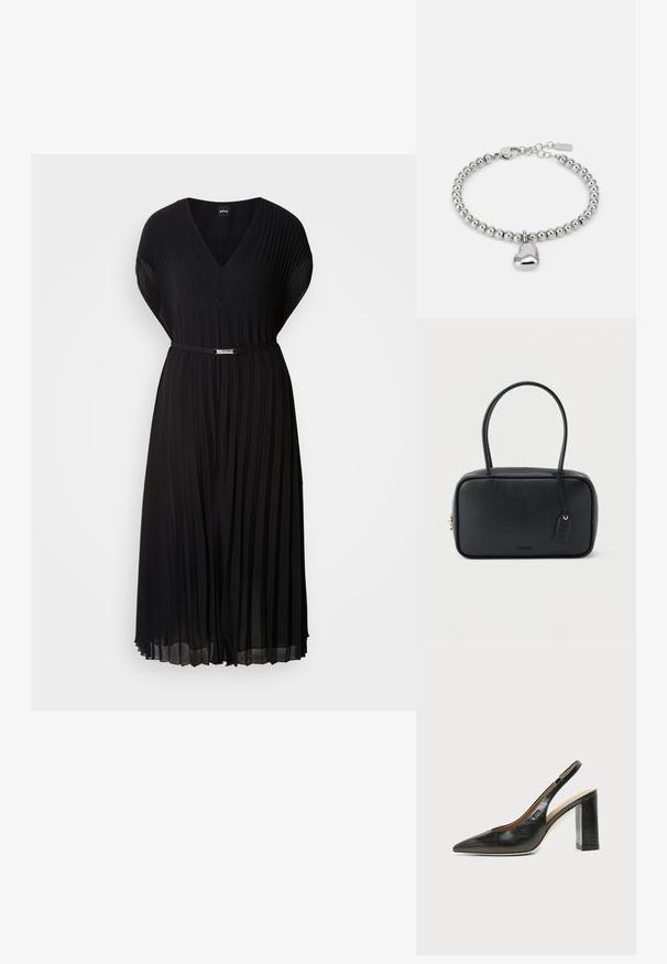 Schwarzes plissiertes Kleid mit V-Ausschnitt und kurzen Ärmeln, ausgestattet mit einem schmalen Gürtel mit einer metallischen Schnalle in der Taille. Weicher Stoff.; Schwarzer Leder-Slingback-Schuh mit spitzer Kappe, hohem Blockabsatz und beigegefüttertem Innenraum vor hellem, einfarbigem Hintergrund.; Schwarze rechteckige Handtasche mit doppelten, abgerundeten Griffen, goldfarbenem Reißverschluss und geprägtem „HUGO“-Logo auf der Vorderseite sowie angebrachtem Lederanhänger.; BOSS HONEY HEART BEADS - Armband - silver-coloured