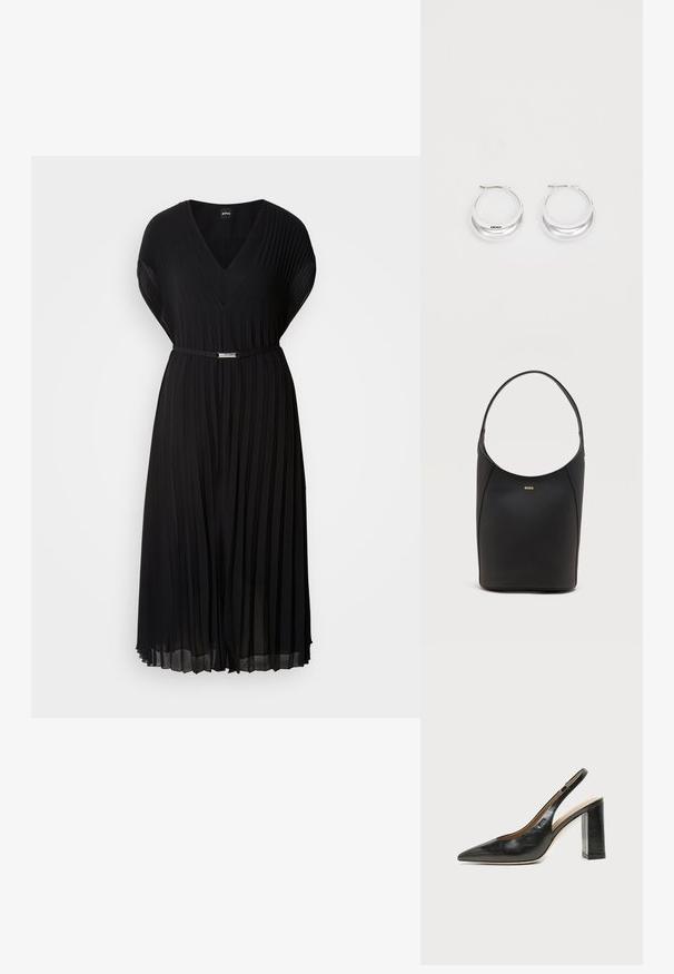 Vestido negro con pliegues, escote en V y mangas cortas, que cuenta con un cinturón delgado con hebilla metálica en la cintura. Textura de tela suave.; Zapato slingback de piel negra con puntera puntiaguda, tacón alto y ancho, y forro interior beige sobre un fondo claro y liso.; Bolso de cuero negro tipo saco con una sola correa para el hombro y pequeño logo dorado de BOSS centrado cerca de la parte superior frontal.; Pendientes de aro de plata con un acabado pulido y la marca DKNY, exhibidos sobre un fondo blanco liso.