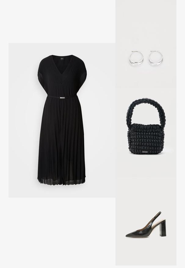 Schwarzes plissiertes Kleid mit V-Ausschnitt und kurzen Ärmeln, ausgestattet mit einem schmalen Gürtel mit einer metallischen Schnalle in der Taille. Weicher Stoff.; Schwarzer Leder-Slingback-Schuh mit spitzer Kappe, hohem Blockabsatz und beigegefüttertem Innenraum vor hellem, einfarbigem Hintergrund.; Kleine schwarze gesteppte Handtasche mit kurzem, gepolstertem Henkel und "HUGO"-Label auf der Vorderseite, vor einem schlichten hellen Hintergrund präsentiert.; Silberne Creolen mit glänzender Oberfläche und DKNY-Logo, vor einem schlichten weißen Hintergrund präsentiert.