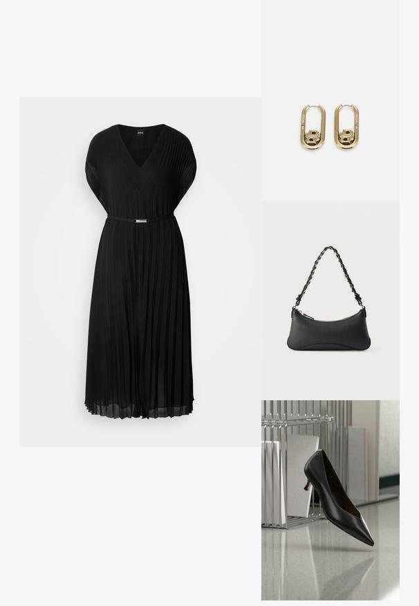 Schwarzes plissiertes Kleid mit V-Ausschnitt und kurzen Ärmeln, ausgestattet mit einem schmalen Gürtel mit einer metallischen Schnalle in der Taille. Weicher Stoff.; Schwarzer Leder-Kitten-Heel-Schuh mit spitz zulaufender Spitze, der über einem grau gesprenkelten Boden schwebt, neben einem Metall-Ordnerhalter mit Ordnern.; Schwarze Lederschultertasche mit gewölbter rechteckiger Form, goldener Kette, die in den geflochtenen schwarzen Riemen eingewebt ist, und Reißverschlussverschluss oben.; BOSS DOUBLE B SWING - Ohrringe - gold-coloured