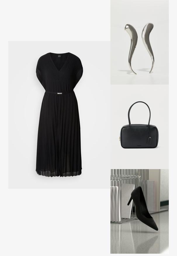 Robe noire plissée avec décolleté en V et manches courtes, dotée d'une fine ceinture avec une boucle métallique à la taille. Texture de tissu douce.; Chaussure noire à talons hauts équilibrée sur son talon sur un comptoir réfléchissant près de porte-dossiers métalliques avec des dossiers blancs.; Sac à main rectangulaire noir avec doubles poignées arrondies, fermeture éclair dorée et logo "HUGO" embossé sur le devant avec une étiquette en cuir attachée.; Boucles d'oreilles en argent métallique avec une forme élégante et allongée, présentant une surface lisse et un design incurvé qui se termine par une pointe.