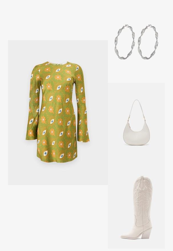 Vestido verde con mangas largas de campana, que presenta un patrón de ojos y flores en naranja, rosa y azul. Tela suave con una silueta ajustada.; Bota vaquera de cuero blanco con punta afilada y tacón bloqueado. Presenta patrones de costura intrincados en el caña y una textura suave.; Bolso de hombro de cuero crema con forma de media luna, correa delgada y sutil detalle de costuras. Diseño minimalista con acentos de hardware en tono dorado.; Pendientes de aro de plata con un diseño retorcido, que presentan una superficie texturizada y un cierre seguro. Ligeros y reflectantes con un acabado elegante.