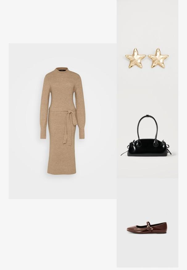 Robe en tricot beige avec un col montant, des manches longues et une taille ceinturée. Présente une texture côtelée dans l'ensemble. Design mi-long.; Ballerine en cuir verni marron avec un bout carré et une lanière ornée d'une petite boucle dorée. Texture lisse, talon bas et design minimaliste.; Petit sac à main noir brillant avec deux longues anses et des détails à cordon sur les côtés sur un fond clair uni.; Boucles d'oreilles en forme d'étoile dorée avec une finition lisse et brillante et un design tridimensionnel, comportant cinq pointes et une texture légèrement incurvée.