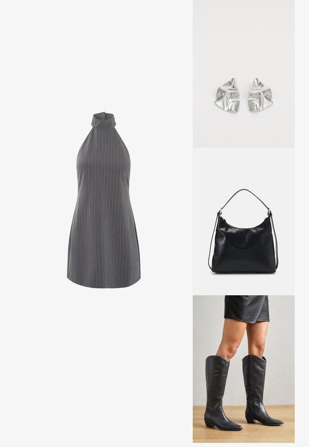 Débardeur rayé gris sans manches avec un col haut et des détails de boutons au niveau du cou. Le tissu a une texture lisse avec des rayures verticales.; Bottes noires montantes en cuir lisse, avec un bout pointu, un petit talon carré et une fermeture éclair sur le côté pour un enfilage facile.; Une jeune femme aux longs cheveux noirs est assise sur un bloc en bois, vêtue d'une tenue crème, tenant un sac à bandoulière en cuir noir croisé sur la poitrine.; Boucles d'oreilles en métal argenté avec un design ondulé et sculptural, présentant une finition polie et des formes irrégulières, mettant en valeur une esthétique contemporaine.