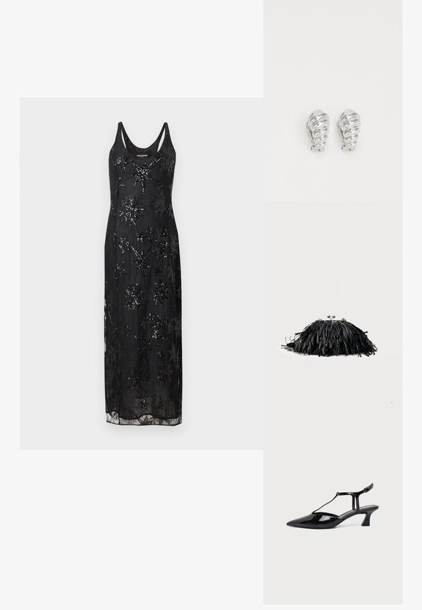Robe noire sans manches avec un corsage ajusté et une jupe fluide. Présente des motifs d'étoiles en sequins complexes sur un tissu transparent.; Chaussure slingback en cuir verni noir à bout pointu avec bride en T et petit talon bloc incliné sur fond blanc.; Pochette noire à franges avec fermoir argenté et chaîne, sur un fond clair uni.; Boucles d'oreilles en clip argentées avec un design en spirale, présentant une texture métallique lisse et des formes arrondies. Pas d'embellissements ou de motifs visibles.