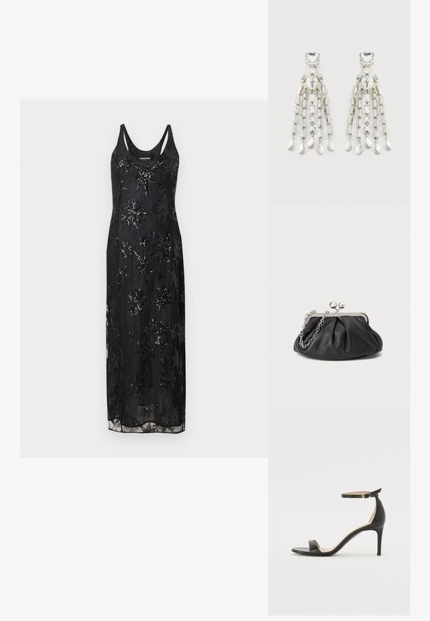 Robe noire sans manches avec un corsage ajusté et une jupe fluide. Présente des motifs d'étoiles en sequins complexes sur un tissu transparent.; Sandale à talons hauts en cuir noir avec une lanière de cheville. Présente une texture lisse, un bout ouvert et un talon fin. Détail de boucle en ton doré.; Porte-monnaie en cuir noir avec texture froncée, cadre en métal argenté, fermeture à verrouillage kiss-lock et bandoulière en chaîne. Surface lisse et douce.; Boucles d'oreilles en ton argenté avec des clous carrés, des perles circulaires et des chaînes pendantes se terminant par des charms en forme de goutte.