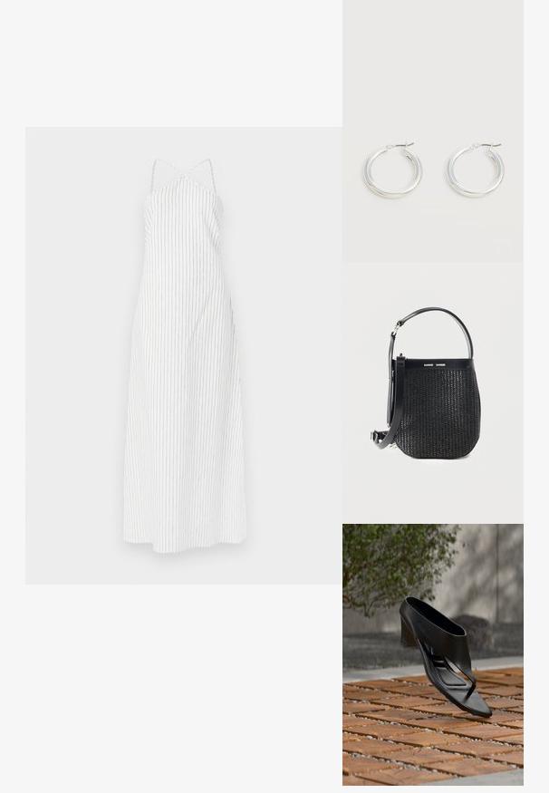 Robe blanche à rayures avec un design à dos croisé, fabriquée en tissu léger. Présente de fines rayures verticales noires et une silhouette fluide.; Sandale noire à talon haut avec une lanière entre les orteils, flottant au-dessus d'une surface extérieure en bois et gravier à motifs, avec un arrière-plan flou de verdure et un mur.; Sac à main tissé noir avec base arrondie, garniture en cuir, bandoulière réglable et logo de la marque Samsøe Samsøe sur la bande supérieure.; Paire de boucles d'oreilles créoles moyennes argentées brillantes avec de fines attaches métalliques sur un fond clair et neutre.