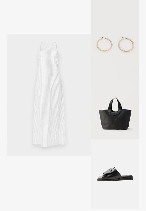 Robe blanche à rayures avec un design à dos croisé, fabriquée en tissu léger. Présente de fines rayures verticales noires et une silhouette fluide.; Sandale slide en cuir noir avec semelle rembourrée et détail d'une pochette zippée à l'avant sur la bride.; Sac cabas noir texturé avec de larges poignées arrondies présentant le nom de la marque embossé "Samsøe Samsøe" sur fond neutre.; Paire de boucles d'oreilles créoles moyennes lisses ton or avec fermoirs à charnière sur fond clair uni.