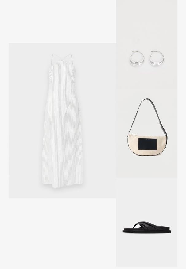 Robe blanche à rayures avec un design à dos croisé, fabriquée en tissu léger. Présente de fines rayures verticales noires et une silhouette fluide.; Sandale plate noire avec bride croisée rembourrée et entre-doigt, design minimaliste sur fond gris clair uni.; Sac à épaule beige en forme de demi-lune avec une sangle noire réglable et un patch rectangulaire noir à l'avant.; Boucles d'oreilles en argent avec une finition polie et un branding DKNY, présentées sur un fond blanc uni.