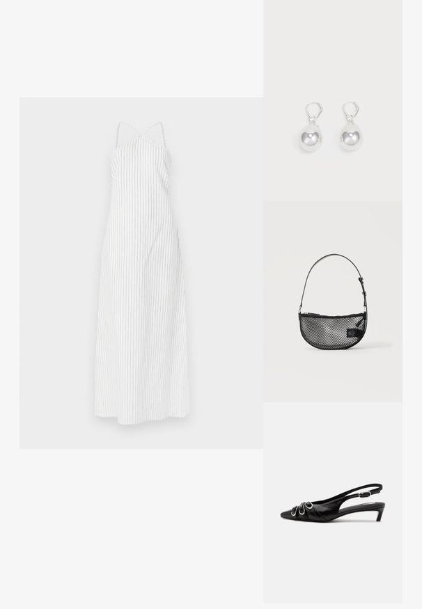Robe blanche à rayures avec un design à dos croisé, fabriquée en tissu léger. Présente de fines rayures verticales noires et une silhouette fluide.; Chaussure slingback en cuir noir avec bout pointu, trois boucles argentées à l'avant et petit talon kitten sur fond blanc.; Sac à main en maille noire forme demi-lune avec une courte bandoulière en cuir réglable et une fermeture éclair sur un fond clair uni.; Boucles d'oreilles en argent en forme de goutte avec des surfaces lisses, rondes et réfléchissantes, suspendues à des fermoirs à ressort. L'arrière-plan est blanc uni.