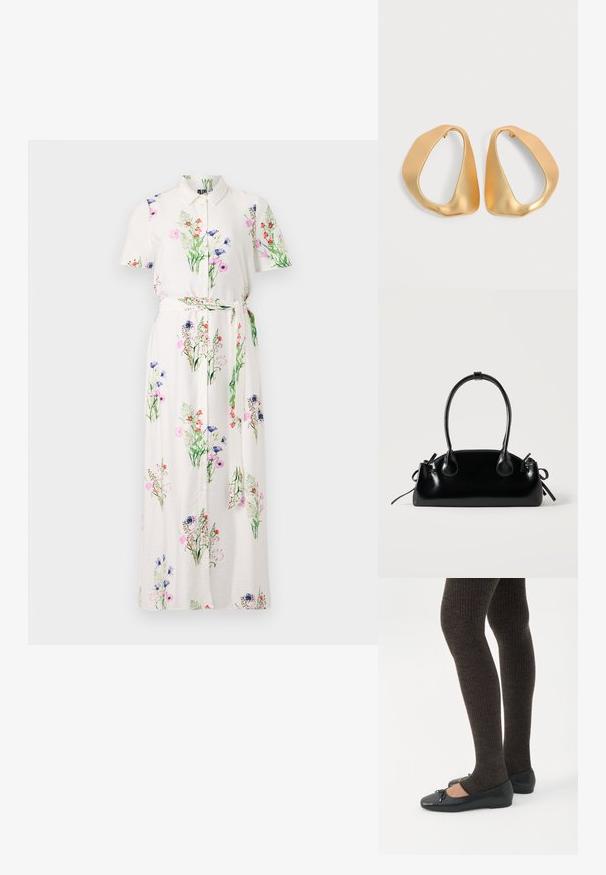 Floral maxi jurk met korte mouwen, witte basis, knopenlijn aan de voorkant en stoffen strikceintuur. Kenmerkt zich door een kleurrijke bloemenprint en een zachte textuur.; Benen met donkere geribbelde leggings gecombineerd met zwarte ballerina's met kleine strikdetails op een witte achtergrond.; Kleine zwarte glanzende handtas met twee lange hengsels en zijkant trekkoord details op een effen lichte achtergrond.; Een paar onregelmatige, asymmetrische gouden oorringen met een gladde, matte afwerking op een neutrale achtergrond.
