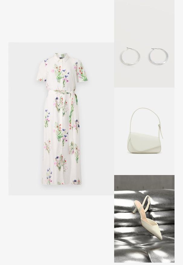 Floral maxi jurk met korte mouwen, witte basis, knopenlijn aan de voorkant en stoffen strikceintuur. Kenmerkt zich door een kleurrijke bloemenprint en een zachte textuur.; Enkel witte slingback pumps met puntige neus en hoge hak, rustend op een glanzend, metallic zilveren gewatteerde oppervlakte.; Witte nepleren handtas met een gestructureerde driehoekige vorm, een enkele verstelbare schouderriem en een klep met ronde accenten.; Zilverkleurige metalen creolen oorbellen met een glad, licht gebogen oppervlak en sluitingen met haaksluiting op een effen witte achtergrond.
