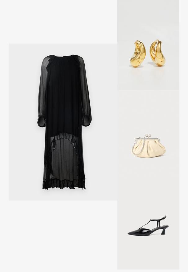 Vestido negro transparente con mangas largas y acentos con volantes. Presenta un escote redondo y un dobladillo asimétrico, creando una silueta fluida.; Zapato slingback de cuero charol negro con punta fina, tira en T y tacón bajo en bloque inclinado sobre fondo blanco.; Clutch de cuero beige plisado con un marco de metal plateado, que cuenta con dos broches decorativos redondos y una correa de cadena plateada.; Pendientes de aro de oro con forma curva y suave, y acabado pulido. Presentan un mecanismo de cierre y ligeras indentaciones para un toque de detalle.