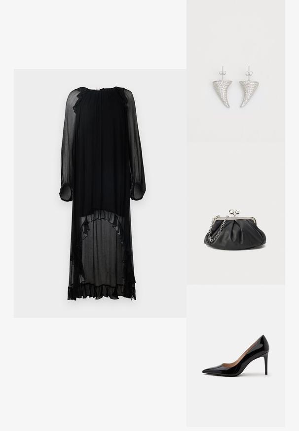 Schwarzes, durchscheinendes Kleid mit langen Ärmeln und Rüschendetails. Es hat einen runden Ausschnitt und einen asymmetrischen Saum, der eine fließende Silhouette schafft.; Schwarzer Lackleder-Pumps mit hohem Absatz, spitzer Schuhspitze und Stilettabsatz, seitlich auf einem schlichten weißen Hintergrund dargestellt.; Schwarze Leder-Clutch mit geraffter Textur, silberfarbener Metallrahmen, Druckverschluss und Kettenriemen. Glatte, weiche Oberfläche.; Silberne, hornförmige Ohrringe, besetzt mit kleinen klaren Steinen, mit einem Steckverschluss zur Befestigung. Glatte Textur und metallisches Finish.