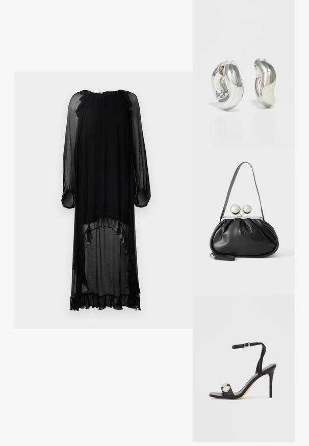 Schwarzes, durchscheinendes Kleid mit langen Ärmeln und Rüschendetails. Es hat einen runden Ausschnitt und einen asymmetrischen Saum, der eine fließende Silhouette schafft.; Schwarze hochhackige Sandale mit Knöchelriemen, ausgestattet mit glattem Lederobermaterial, quadratischer Zehenpartie und zwei runden Metallakzenten.; Schwarze Ledertasche mit gerafftem Design, einem einzelnen Riemen, silbernem Metallrahmen und zwei großen runden silbernen Verschlüssen.; Silberne skulpturale Ohrringe mit glatten, geschwungenen Formen und reflektierenden Oberflächen. Sie verfügen über ein geschlossenes Ringdesign und eine ausgeprägte organische Form.