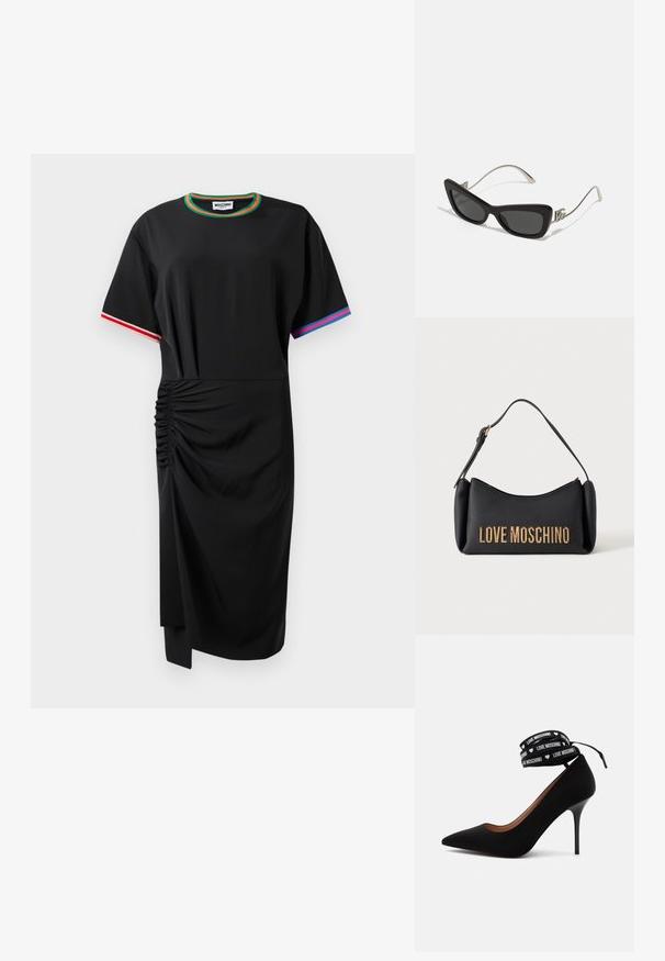 Schwarzes Midikleid mit kurzen Ärmeln und Raffung auf der linken Seite, grünem und orangefarbenem Ausschnitt, rotem und weißen Ärmelbesatz auf der rechten Seite sowie blauem und pinkem Ärmelbesatz auf der linken Seite.; Schwarzer High-Heel-Pumps mit spitzer Schuhspitze und Knöchelriemen mit der Aufschrift „LOVE MOSCHINO“ und kleinen weißen Herzsymbolen.; Schwarze Cat-Eye-Sonnenbrille mit dunklen Gläsern, glänzendem Kunststoffrahmen und silbernen Metallakzenten, die ein dekoratives Element an den Schläfen aufweisen.; Schwarze Moschino-Handtasche mit goldenen Buchstaben und kurzem Schulterriemen vor weißem Hintergrund.