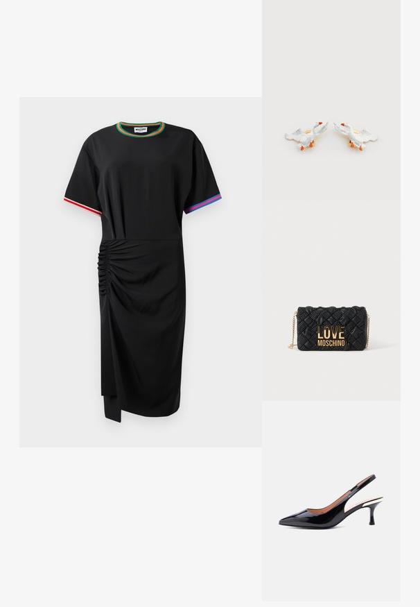 Vestido midi negro de manga corta con detalle fruncido en el lado izquierdo, ribete en verde y naranja en el escote, ribete rojo y blanco en la manga derecha, ribete azul y rosa en la manga izquierda.; Zapato de salón con tira trasera en piel de charol negro, punta puntiaguda y tacón medio con un detalle metálico cerca del tacón.; Bolso bandolera negro acolchado con correa de cadena dorada y gran logo dorado "LOVE MOSCHINO" en el frente.; Pendientes de cerámica en forma de pato con cuerpos blancos, picos naranjas y herrajes de tono dorado, con alas elevadas y texturas detalladas.