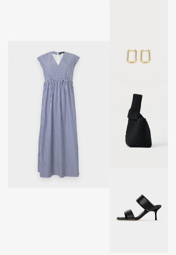 Longue robe sans manches avec col en V, rayures verticales bleues et blanches, taille ajustée et jupe froncée sur un fond uni.; Sandale mule en cuir noir avec deux larges brides et un talon stiletto fin de hauteur moyenne sur un fond clair uni.; Sac à main noir tissé avec un design asymétrique, présentant une surface texturée et une poignée haute et étroite. Aucune ferrure ou accent visible.; Boucles d'oreilles en or en forme rectangulaire irrégulière, avec une texture lisse et un éclat subtil. Design simple sans embellissements.
