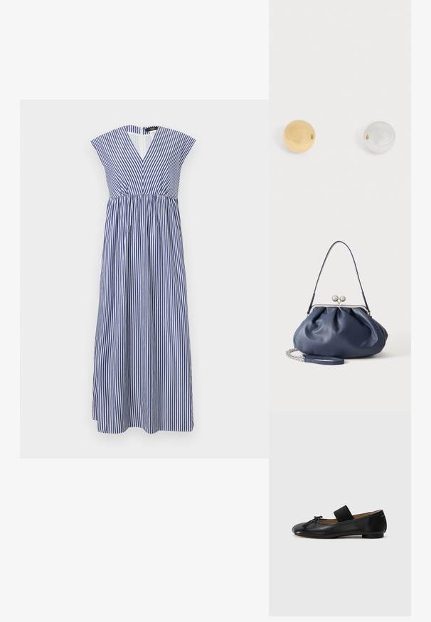 Longue robe sans manches avec col en V, rayures verticales bleues et blanches, taille ajustée et jupe froncée sur un fond uni.; Ballerines en cuir noir avec un bout arrondi, un petit nœud décoratif et une lanière élastique sur le cou-de-pied pour un maintien sécurisé. Semelle plate.; Sac à main en cuir bleu marine doux avec fermeture à boucle argentée, une seule bandoulière, et une chaîne de poignet amovible sur fond blanc.; Deux boules métalliques lisses et rondes placées côte à côte sur un fond blanc, une dorée et une argentée.