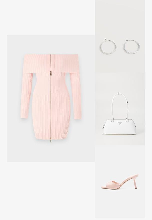 Vaaleanpunainen off-shoulder ribbimekko pitkähihaisena, etuvetoketjulla ja tiukalla leikkauksella, joka korostaa pystyripsirakennetta.; Kiiltävän vaaleanpunaiset avokkaat, joissa on kapea korko ja sileä, kiiltävä pinta. Ominaisuuksina yksinkertainen siluetti ja minimalistinen muotoilu.; Valkoinen nahkalaukku, jossa on kaareva muoto, hopeinen kolmion muotoinen logo ja vetoketjukiinnitys. Liukas pinta ja kaksinkertaiset kahvat.; Hopeiset metalliset renkaskorvakorut, joissa on sileä, hieman kaareva pinta ja lukolliset takakiinnitykset yksinkertaisella valkoisella taustalla.