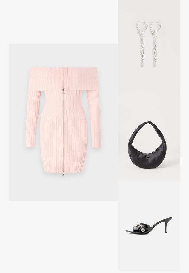 Robe rose côtelée décolletée avec manches longues, dotée d'une fermeture éclair à l'avant et d'une coupe ajustée, mettant en valeur une texture à rayures verticales.; Mule à talon haut en cuir verni noir avec bout ouvert et breloques argentées décoratives comprenant une fleur et un cadenas sur la bride avant.; Sac à main en satin noir avec une forme courbée, doté d'une fermeture à glissière et d'un logo triangulaire en métal à l'avant. Texture lisse et design épuré.; Boucles d'oreilles pendantes en argent avec des cristaux clairs rectangulaires et ronds alignés verticalement, sécurisées par des fermoirs à levier.