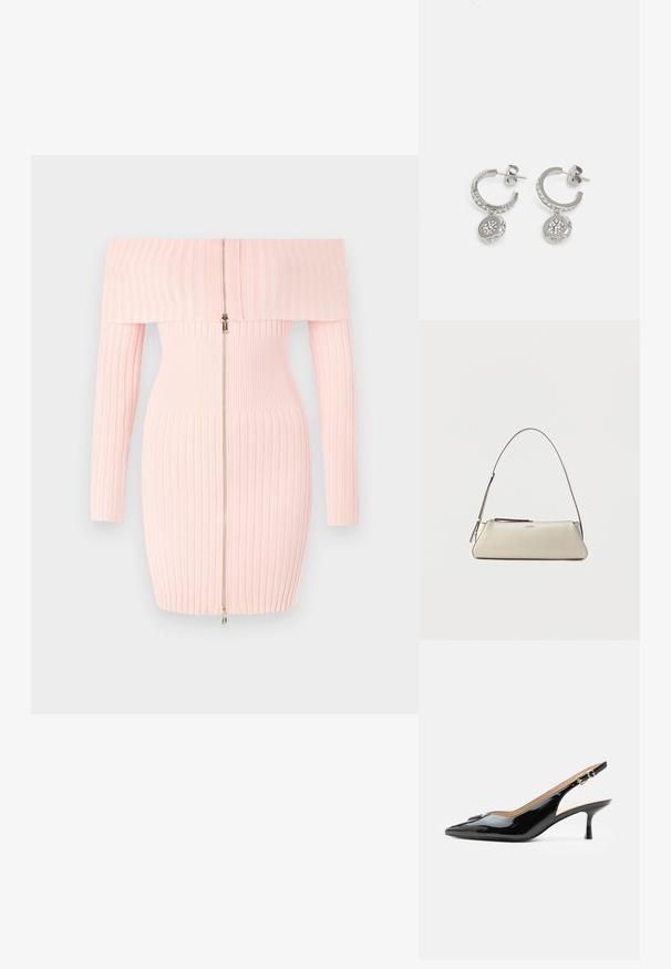 Robe rose côtelée décolletée avec manches longues, dotée d'une fermeture éclair à l'avant et d'une coupe ajustée, mettant en valeur une texture à rayures verticales.; Escarpin slingback en cuir verni noir avec bout pointu, petit talon kitten et bride à boucle argentée sur fond blanc uni.; Petit sac à épaule en cuir beige avec une fine bandoulière et une fermeture éclair, orné d'un logo métallique discret au centre avant.; Guess STYLISH - Boucles d'oreilles - silver-coloured