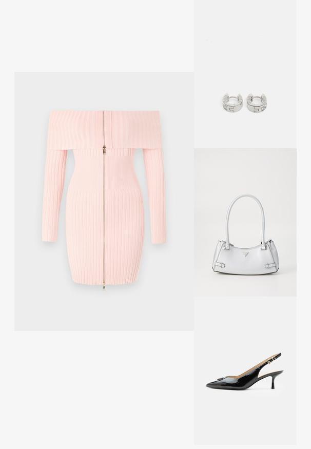 Robe rose côtelée décolletée avec manches longues, dotée d'une fermeture éclair à l'avant et d'une coupe ajustée, mettant en valeur une texture à rayures verticales.; Escarpin slingback en cuir verni noir avec bout pointu, petit talon kitten et bride à boucle argentée sur fond blanc uni.; Sac à main argenté avec un design structuré, doté de deux poignées, d'une texture brillante, de quincaillerie accentuée et d'un logo triangulaire sur le devant.; Guess STYLISH - Boucles d'oreilles - silver-coloured