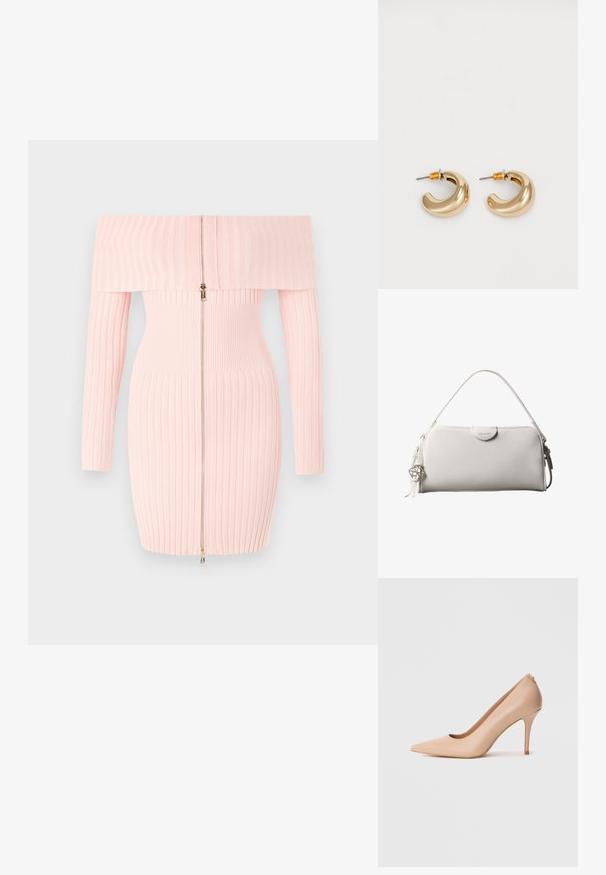 Vaaleanpunainen off-shoulder ribbimekko pitkähihaisena, etuvetoketjulla ja tiukalla leikkauksella, joka korostaa pystyripsirakennetta.; Beigenvärinen nahkainen korkokenkä, jossa on kärkikärkinen varvas, sileä tekstuuri ja ohut piikkikorko. Minimalistinen muotoilu, jossa on liukusäädettävyys.; Valkoinen suorakaiteen muotoinen Calvin Kleinin käsilaukku, jossa on yksittäinen kahva, minimalistinen muotoilu ja koristeelliset tupsut, joissa on geometrinen metalliriipus sivulla.; Kaksi kiiltävää kultakoru hoop -korua kaarevassa muotoilussa, joissa on oranssit yksityiskohdat lähellä kiinnitykohtaa, vaalean valkoista taustaa vasten.