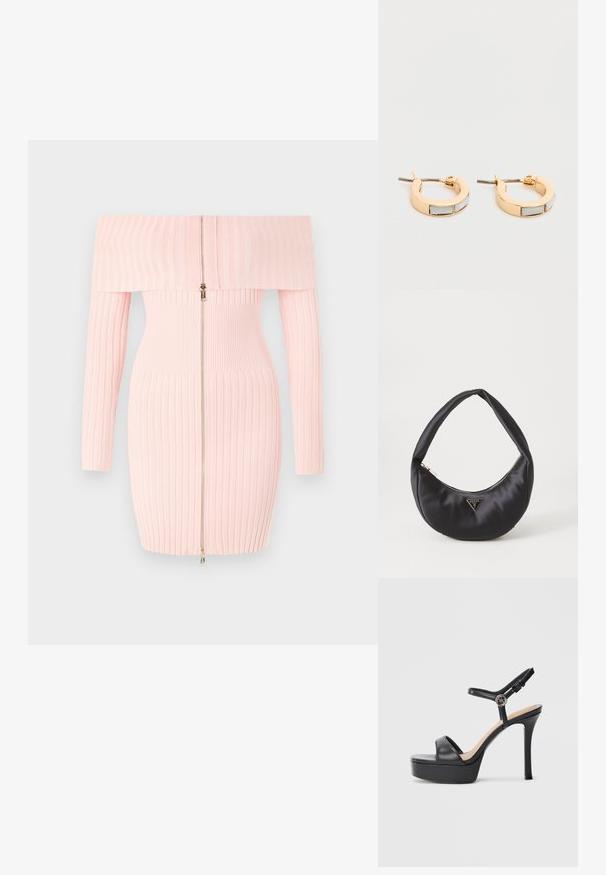 Rosa, gerippte Off-Shoulder-Kleid mit langen Ärmeln, ausgestattet mit einem Reißverschluss vorn und tailliertem Schnitt, der die vertikale Streifenstruktur betont.; Schwarze Plateausandalen mit hohem Stiletto-Absatz, ausgestattet mit einem glatten Lederobermaterial, einem Peeptoe-Design und einem verstellbaren Knöchelriemen mit Metallbeschlägen.; Schwarze Satin-Handtasche mit geschwungener Form, ausgestattet mit einem Reißverschluss und einem dreieckigen Metallsymbol auf der Vorderseite. Glatte Textur und elegantes Design.; Goldene Creolen mit rechteckigen weißen Einlagen, nebeneinander auf einem schlichten hellen Hintergrund präsentiert.