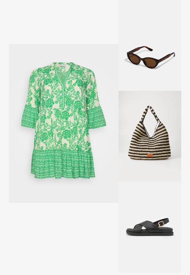 Grøn floral tunika med V-udskæring og klokkeærmer. Fremstillet af letvægtsstof, og har intrikate bladmønstre og en lagdelt flæsekant.; Sorte slingback sandaler med krydsede stropper, lavet af tekstureret materiale. Har en flad sål og en guldfarvet spændeaccent på hælen.; Brune skildpadde solbriller med en vintage katteøje-form og brune linser. Har buede arme med røde detaljer.; Stribet vævet taske i sort og beige, med et slouchy design, tekstureret overflade og et lille lædermærke.